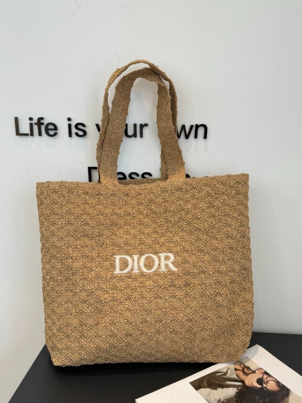 Dior Natural Raffia Tote Bag Large Woven Logo Beach Shopper - Picture 2 of 8
